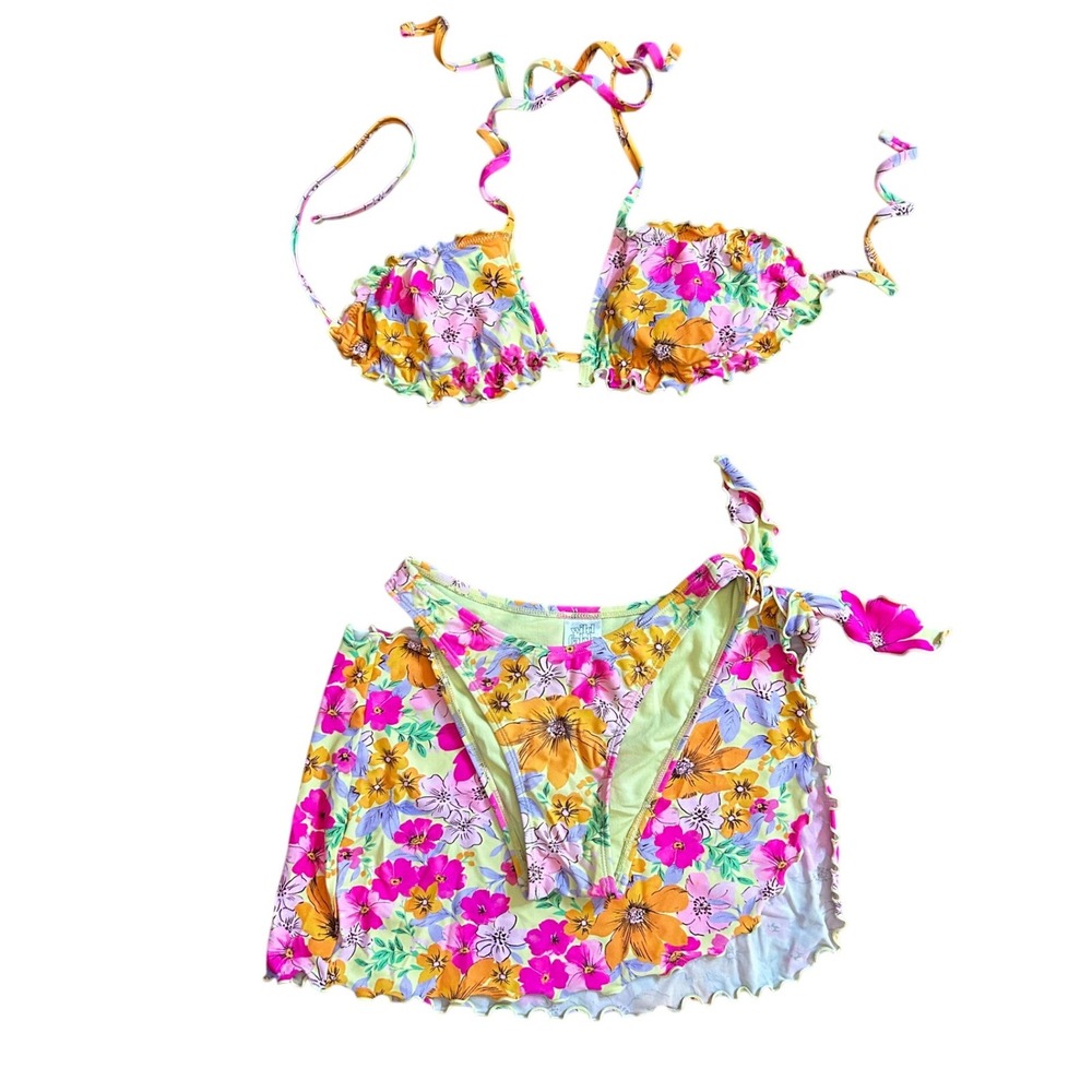 Wild Fable Floral 3pc Bikini Set Women S/XXS Ruffle Sarong Yellow Pink